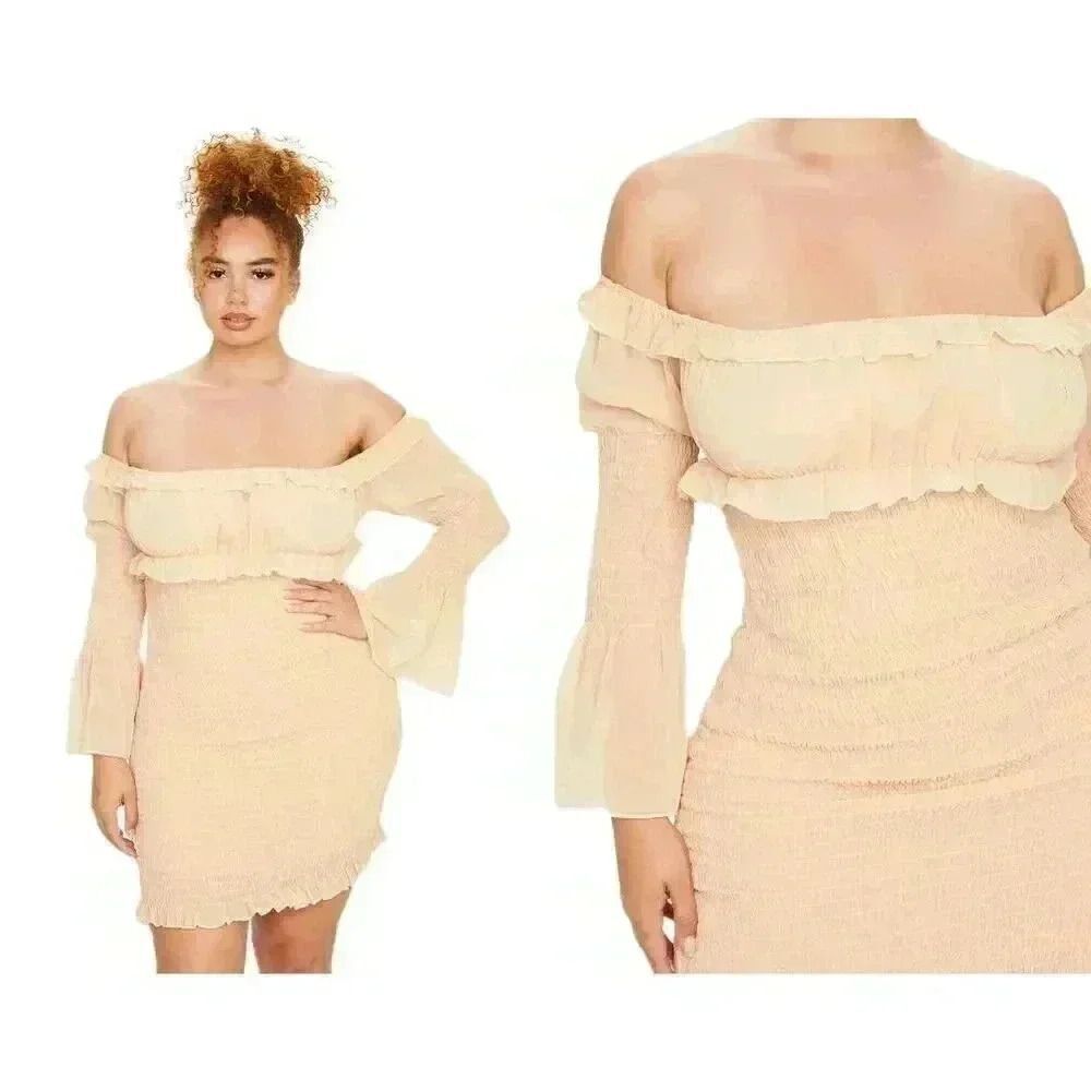 Pretty Little Thing Women's Stone Ivory Chiffon Shirred Body Con Dress NEW